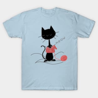 Black Knitting Cat - Light Blue T-Shirt